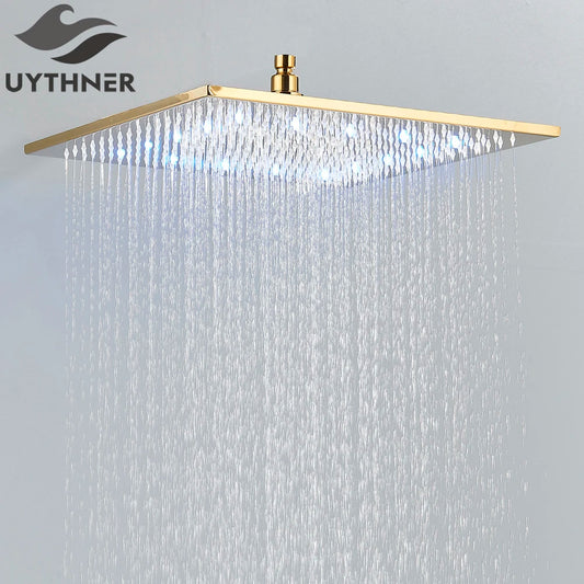 Brushed Nickel LED 16" Rainfall Big Shower Head Stainless Steel Square Color Changing Lights Shower head Shower Sprayer