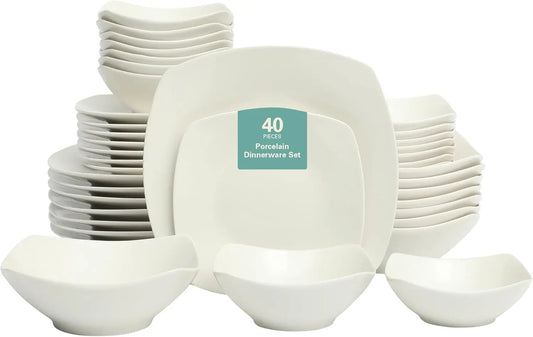 Brentwood 40-Piece Dinnerware Set - Square White Porcelain Plates and Bowls, Service for 8, Dishwasher & Microwave Safe, Modern