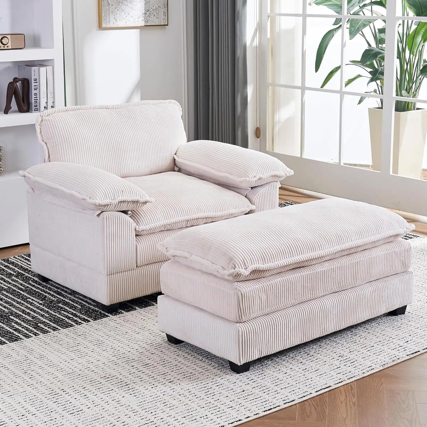 ZHUXIANG Corduroy Upholstered Chaise Lounge With Ottoman