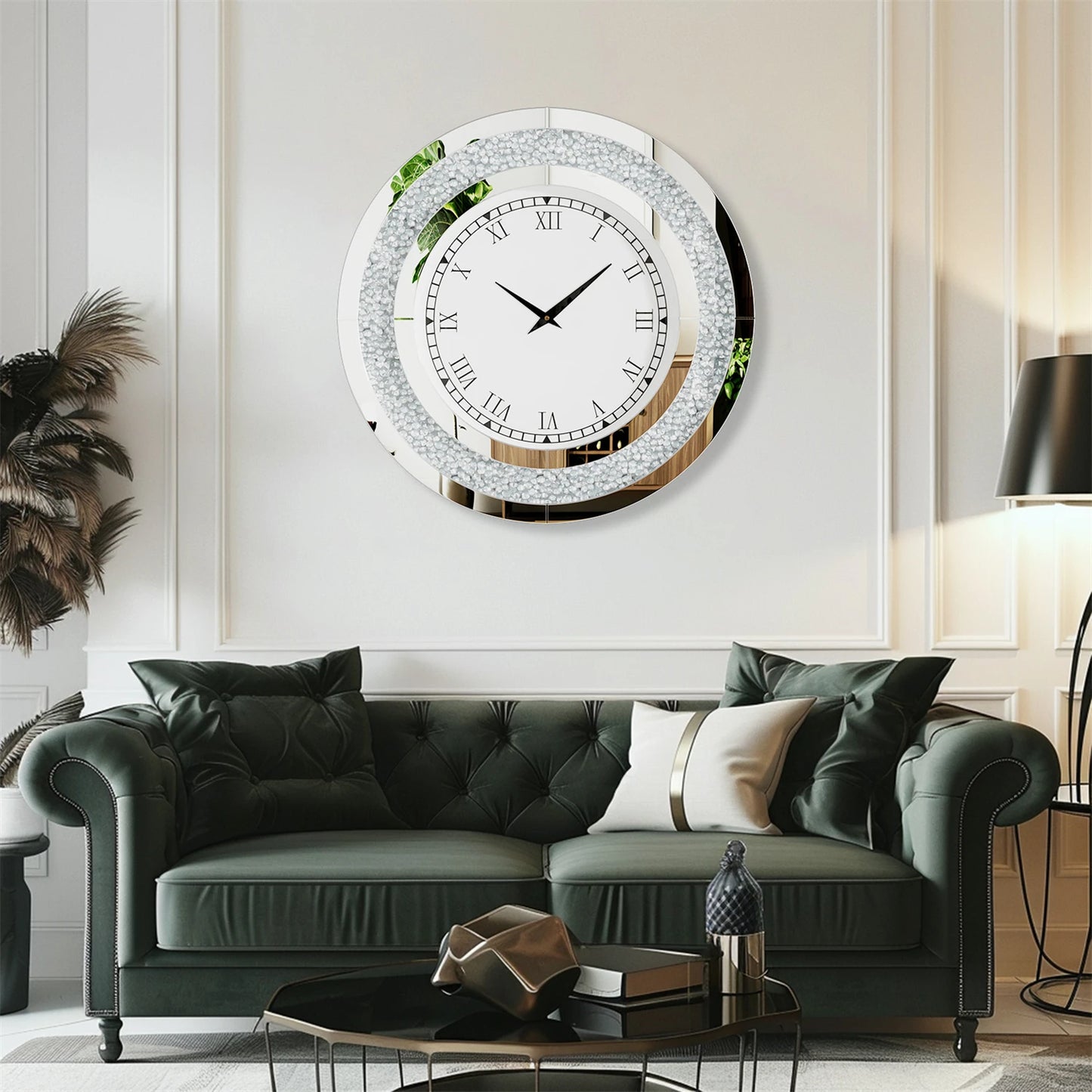 Bling Silver Round Mirror Clock Glam Sparkle Wall Decor