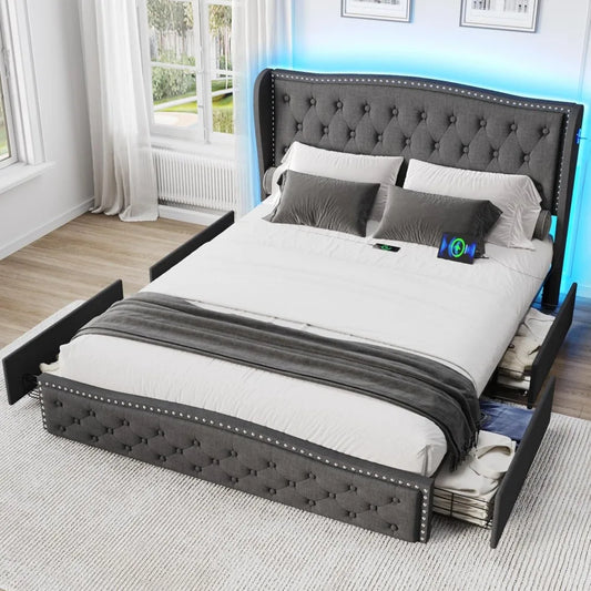 Vabches LED Bed Frame With Storage Drawers And USB Charging