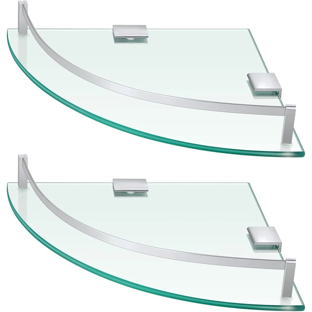 2 Pcs Glass Corner Shower Shelf Tempered Wall Mounted Floating Organizer Bathroom Storage Solution