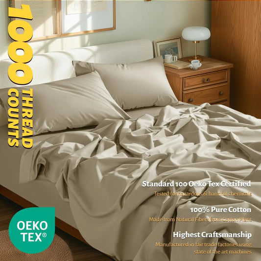 100 Percent Egyptian Cotton Queen Size Sheets Set 1000 Thread Count Luxury Breathable Cooling Bedding 16 Inch Deep Pocket 4 Piece Set