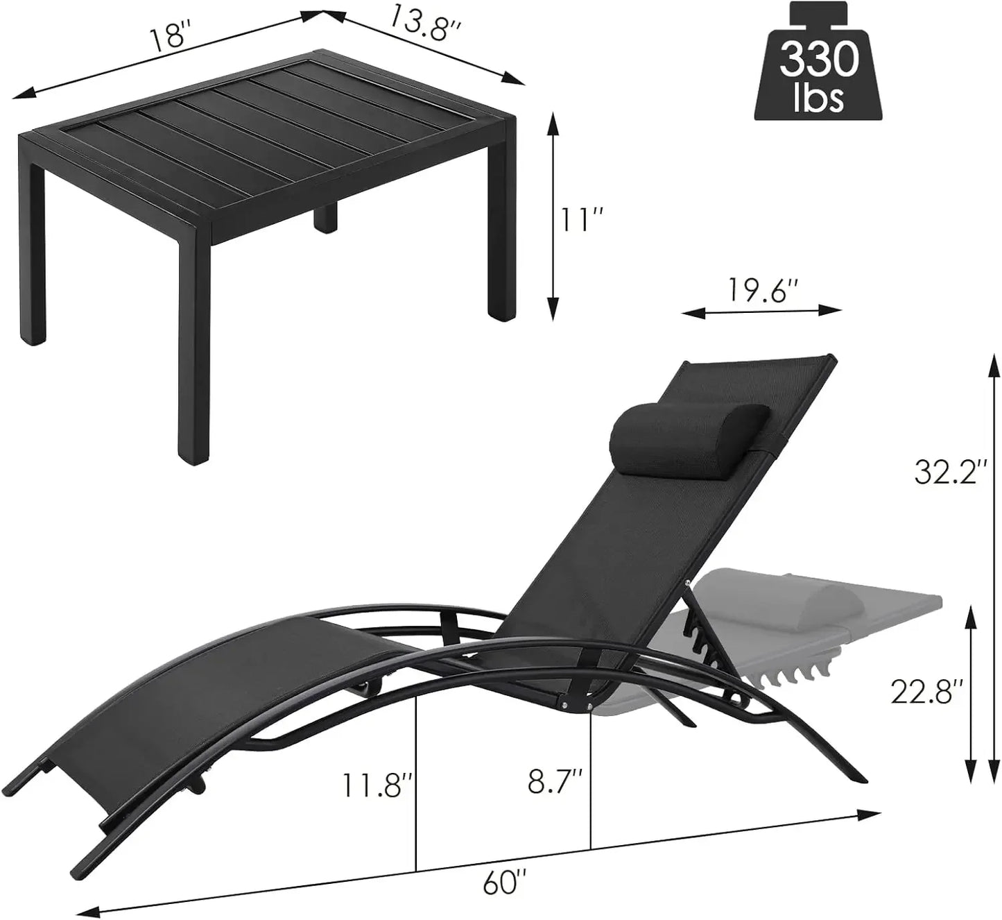 XMSJ 3 Piece Adjustable Pool Chair Lounge Set with Headrests