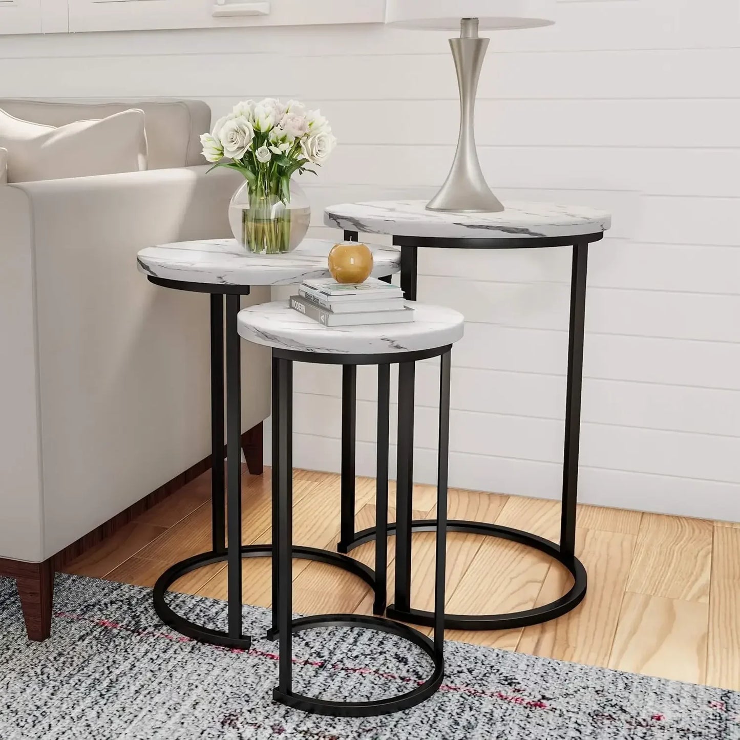 XMSJ Nesting End Tables Set Three With Faux Marble Top