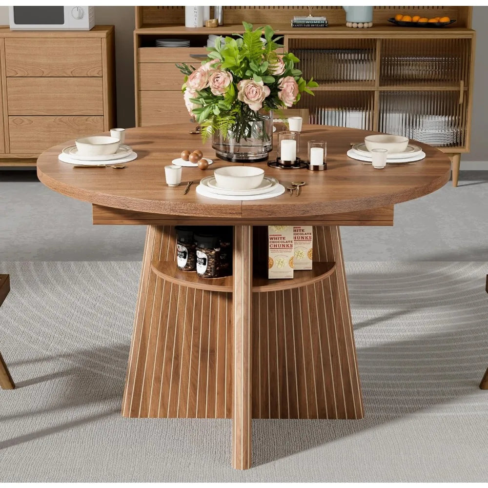 Round Expandable Oval Dining Table With Fluted Base