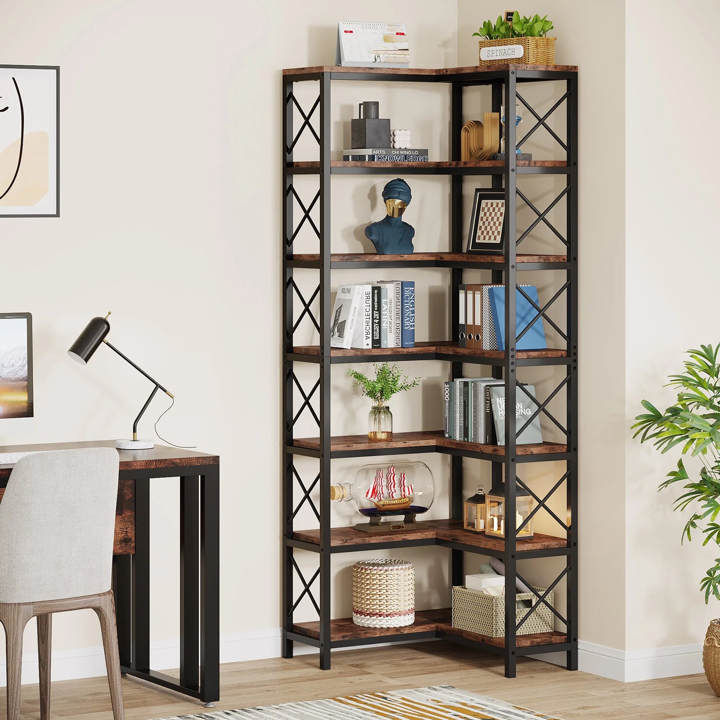 Tribesigns 7-Shelf Corner Bookshelf Modern Tall Bookcase