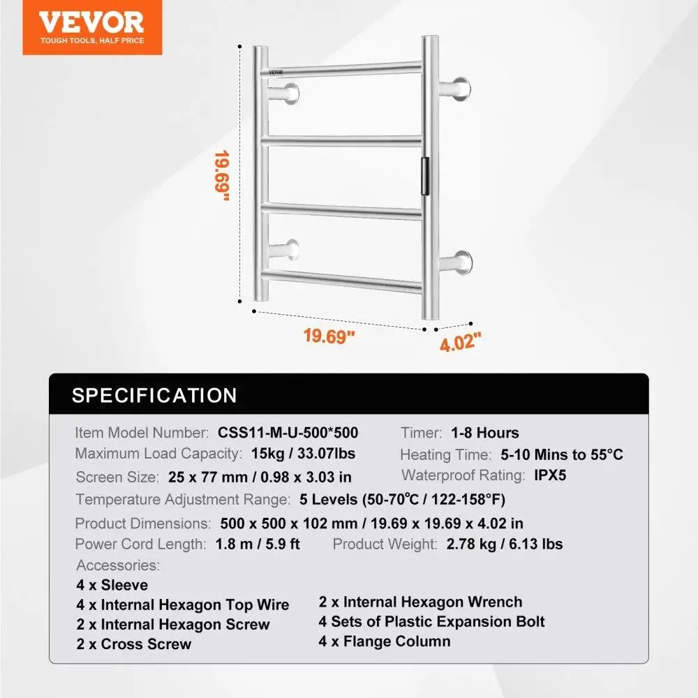 Heated Towel Rack Wall Mounted 4 Bars Metal Silver for Bathroom Efficiency