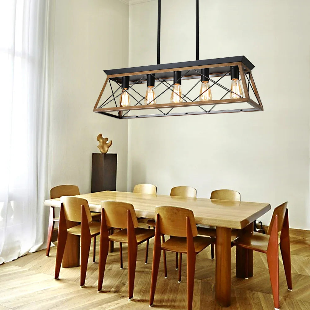 32" Walnut Industrial 5-Light Pendant Chandelier Adjustable Light