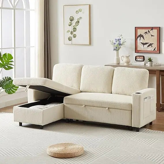 78.5 Inch Linen L Shaped Convertible Sofa Bed with Reversible Storage Chaise and Pull Out Sleeper Sofabed