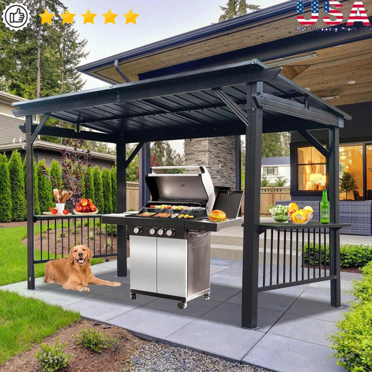6.5x12FT Hardtop Grill Gazebo All Weather BBQ Shelter with Side Shelves Ceiling Hooks Galvanized Steel Frame for Outdoor Parties