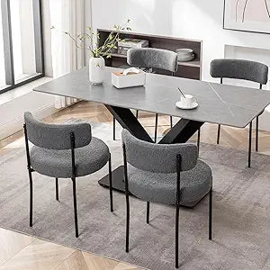 Boucle Upholstered Dining Chairs Set of 4 With Metal Legs