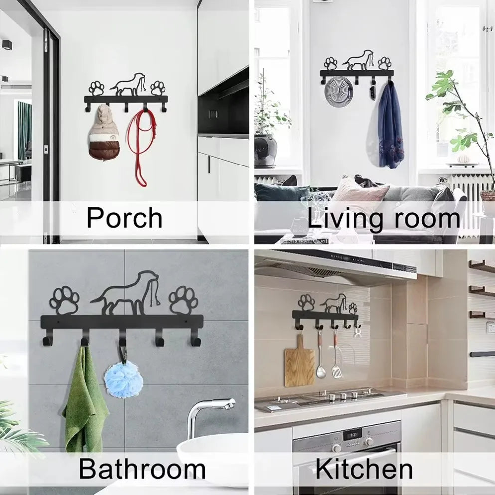 Metal Paw Pet Dog Hanger with Five Hooks Wall Rack Organizer for Coats Keys Leashes Towels and More Iron Art Home Storage Solution