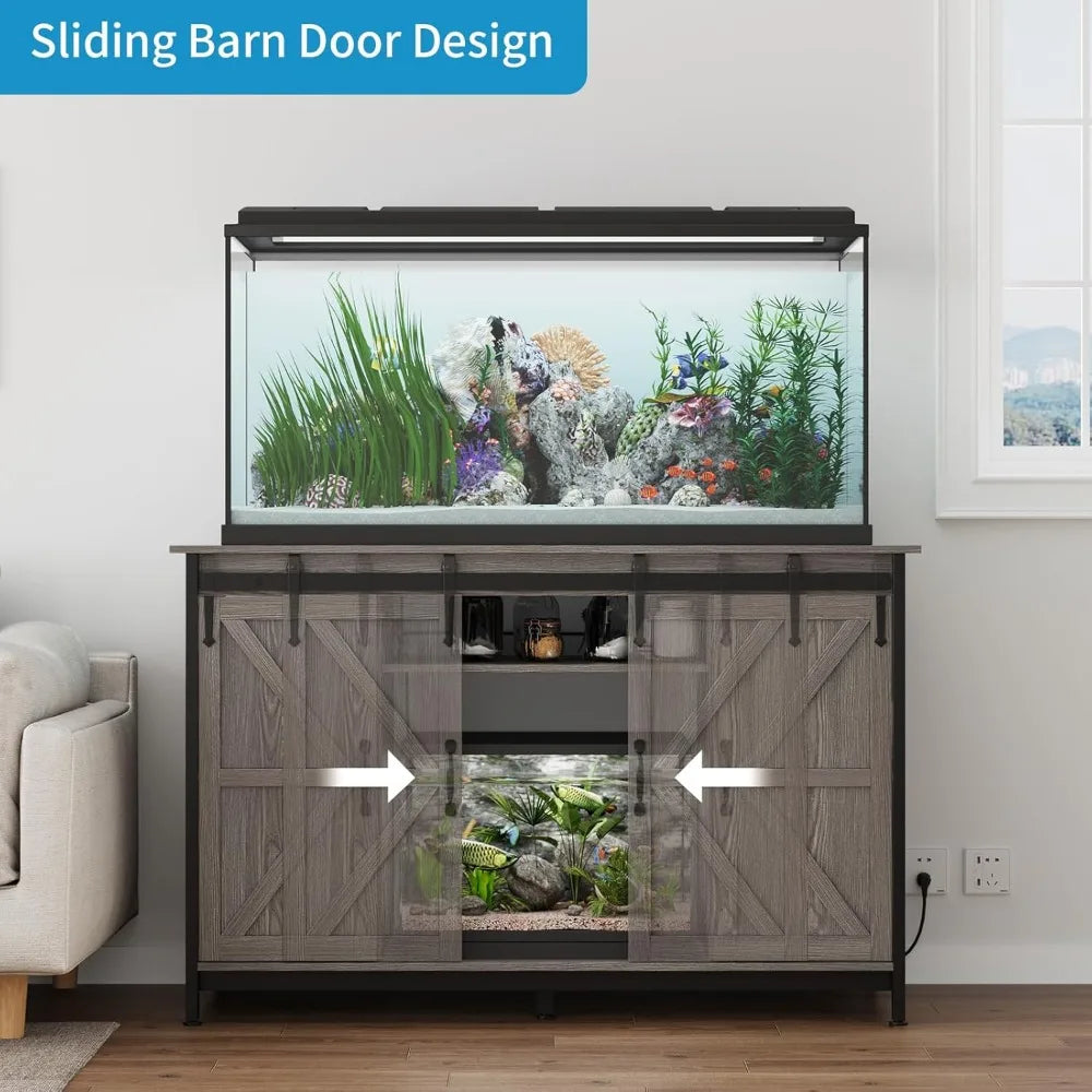 Farmhouse 55 to 75 Gallon Fish Tank Stand with Power Outlet Storage Cabinet and Sliding Barn Door Heavy Duty