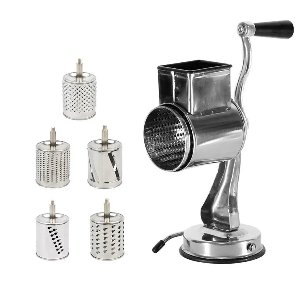Stainless Steel Rotary Vegetable Cheese Grater Potato Slicer Handheld Grater with 5 Dishwasher Safe Blades