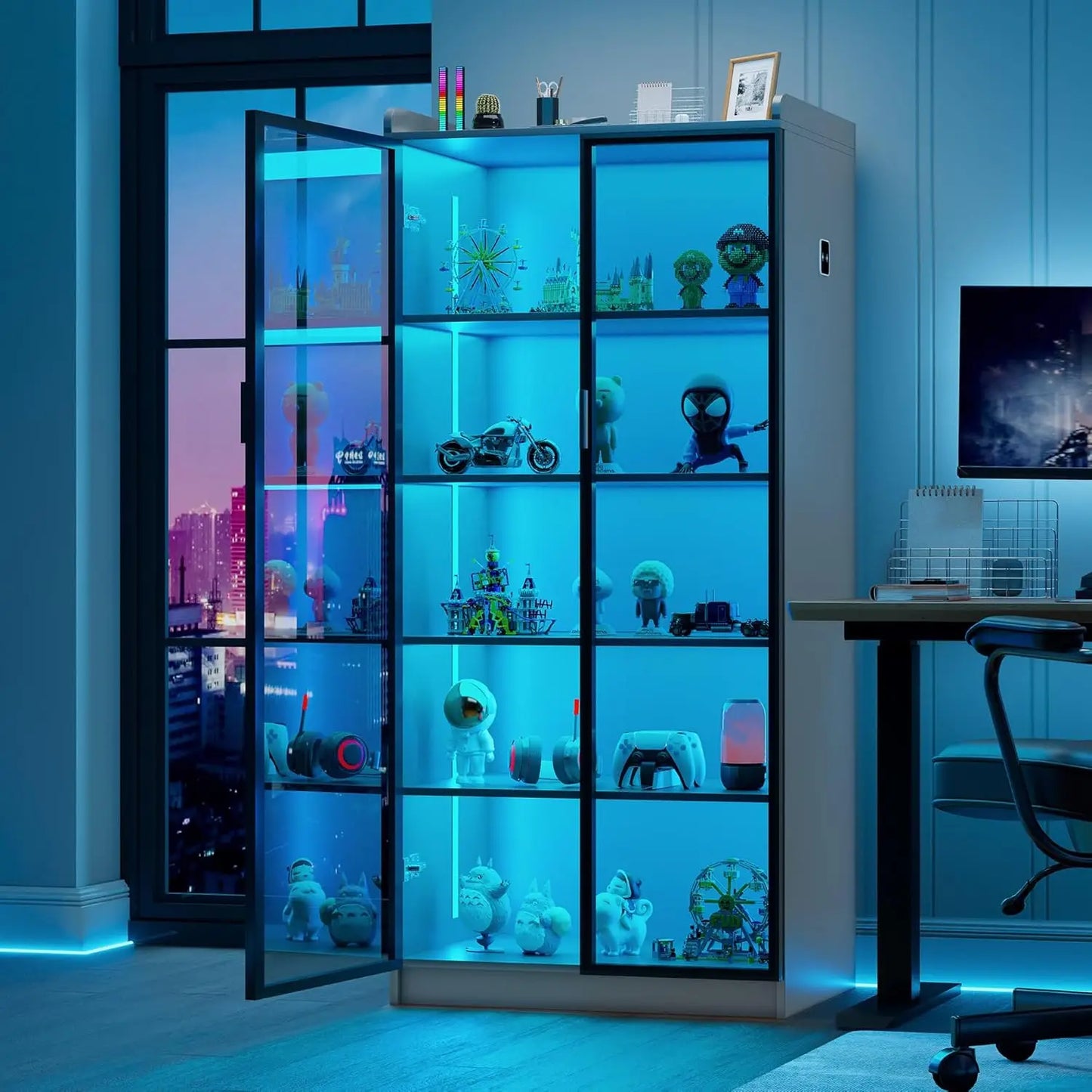 65 Inch Display Cabinet with Lights and Adjustable Shelves