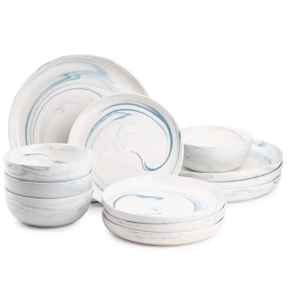 12 Piece Blue Marble Stoneware Dinnerware Set Microwave Safe Dishwasher Safe Kitchen Tableware