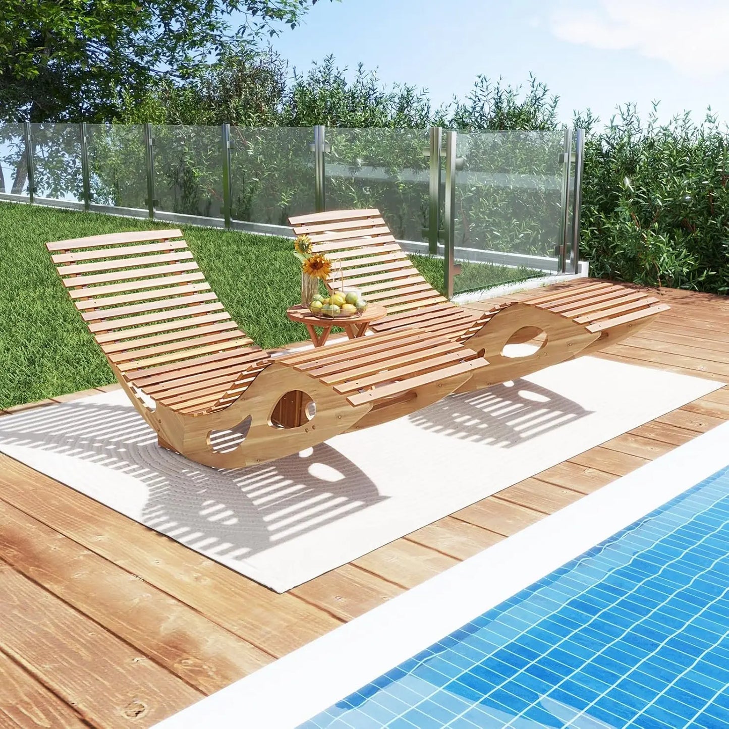 Outdoor Acacia Wood Rocking Chaise Lounge Chair Set of 2 with Slatted Backrest and Seat