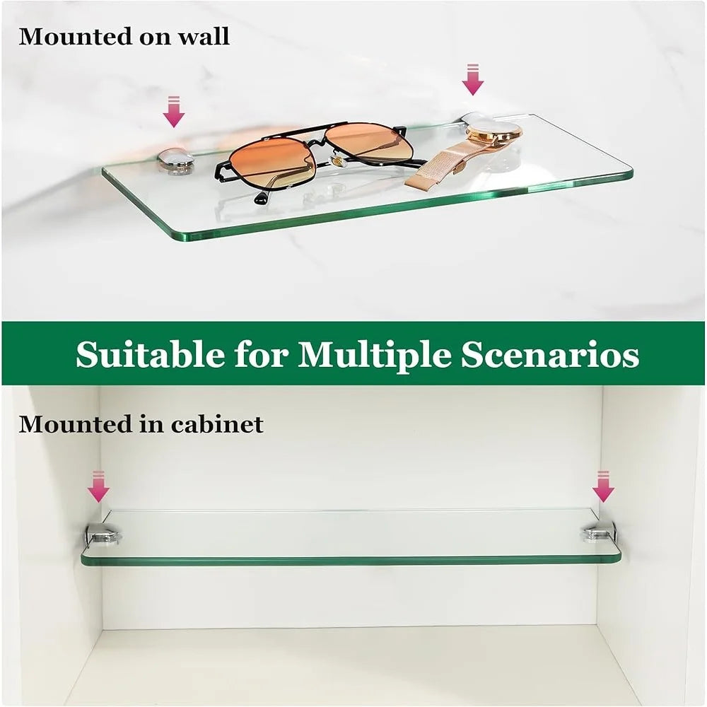 Tempered Glass Floating Shelves Set of 2 Modern Wall Storage for Bathroom Kitchen Living Room Office Space Saving Decor