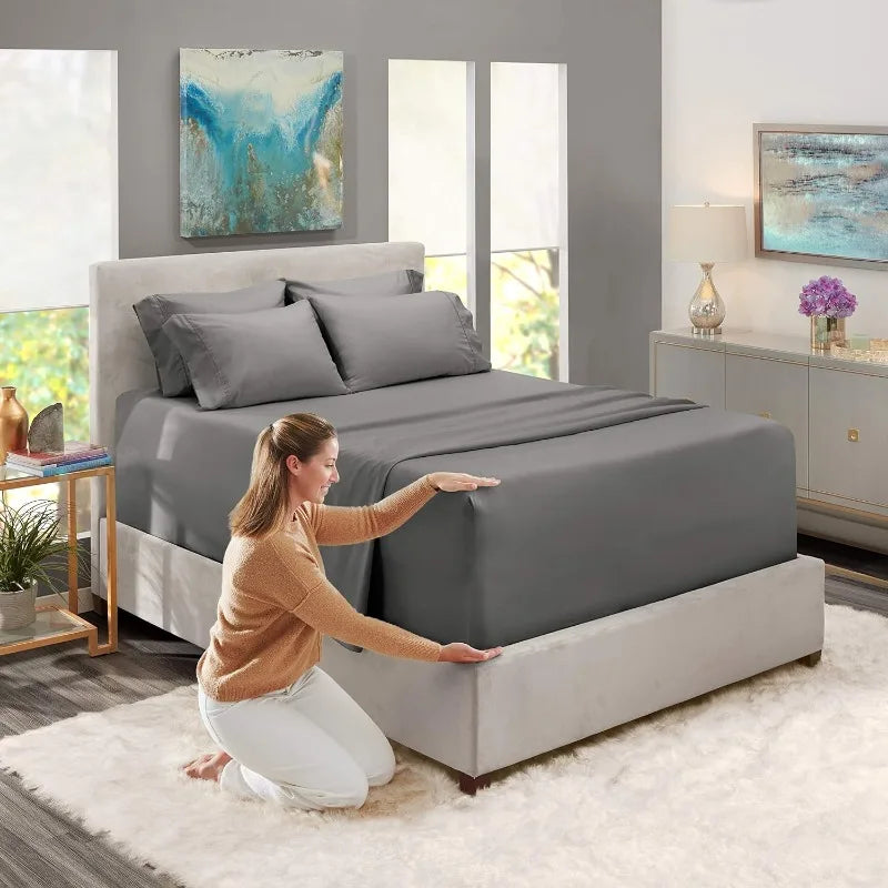 Extra Deep Pocket King Size Sheet Sets Fits Mattress 18 to 24 Inches 6 Piece Grey Sheets