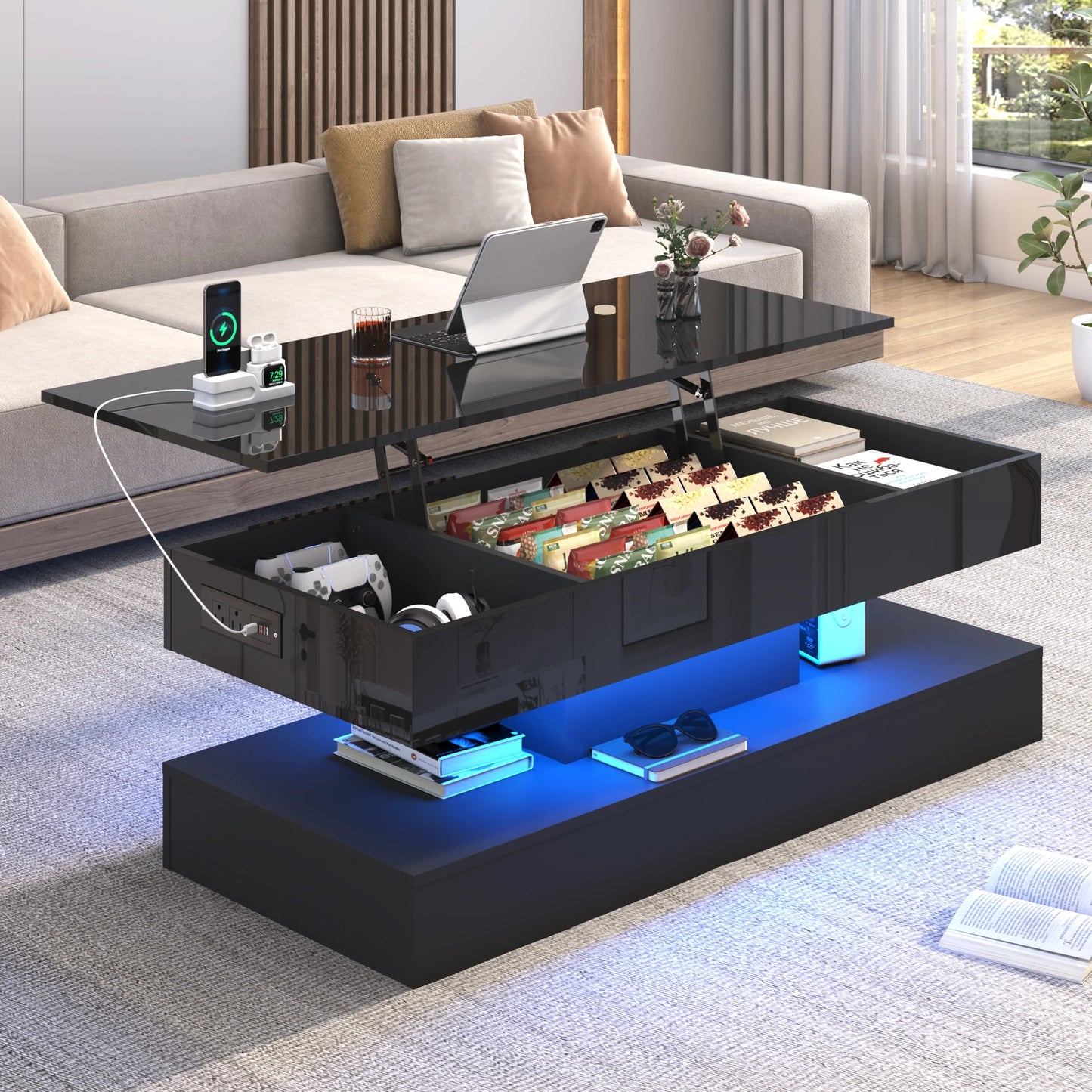 QiaoShiRen LED Coffee Table For Living Room With Storage