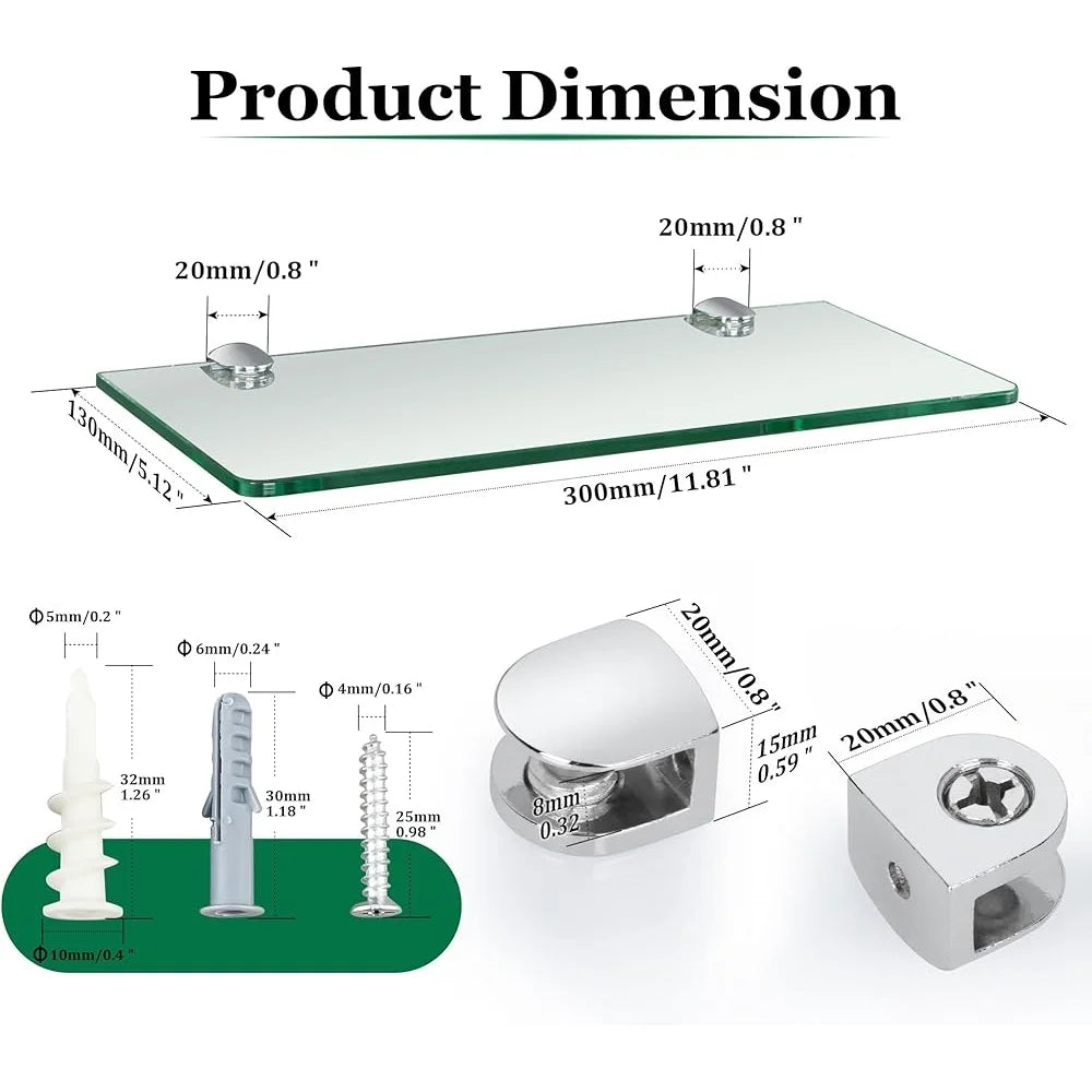 Tempered Glass Floating Shelves Set of 2 Modern Wall Storage for Bathroom Kitchen Living Room Office Space Saving Decor