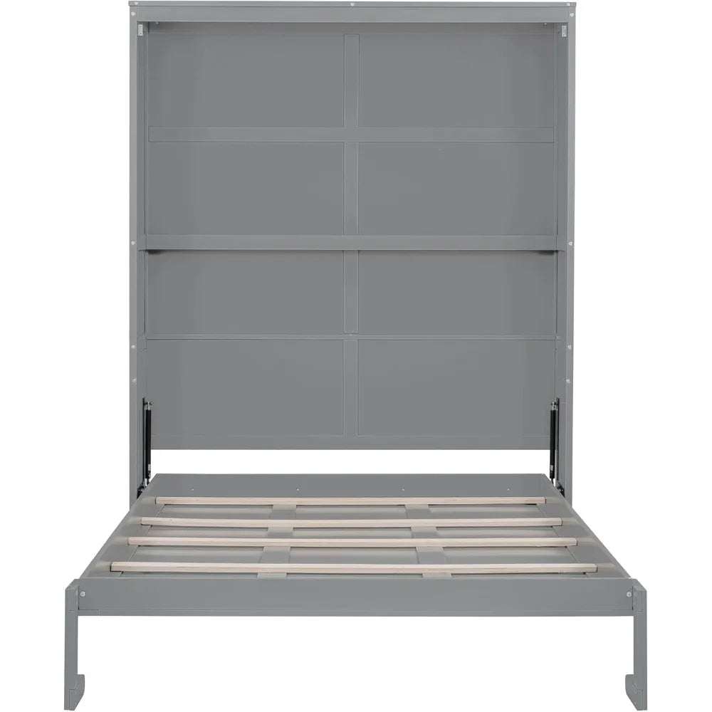 Merax Queen Size Murphy Bed Wood Queen Murphy Cabinet Bed with Shelves Wall Bed for Home Office or Small Room Gray