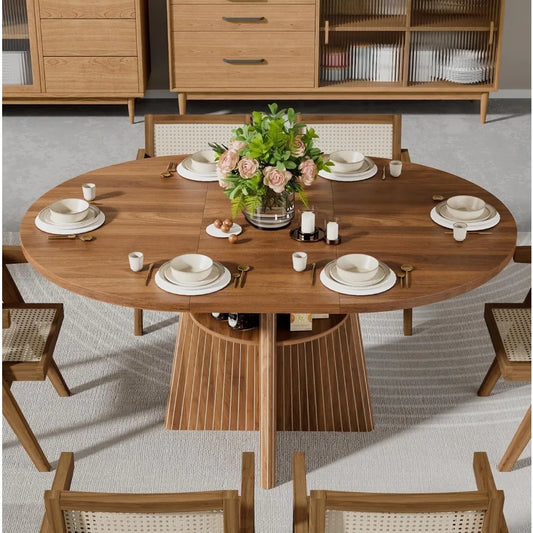 Round Expandable Oval Dining Table With Fluted Base