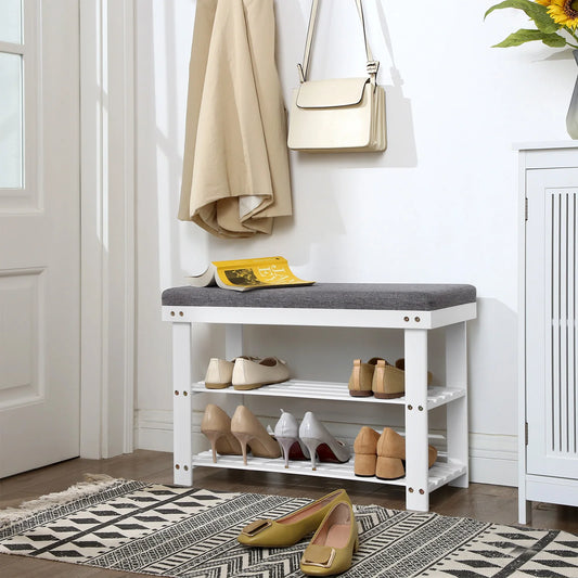 SONGMICS Bamboo 3 Tier Shoe Rack Stable Bench Seat Entryway