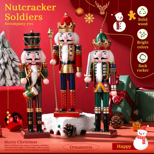 Three Piece Wooden Nutcracker Set King Drummer Soldier Christmas Decorations