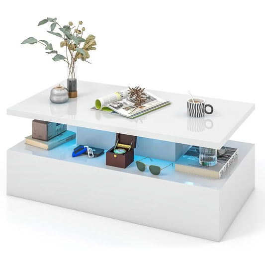 LED Coffee Table Modern High Gloss Coffee Table with 20 Color LED Lights Adjustable Speed and Brightness Remote Control Open Shelf