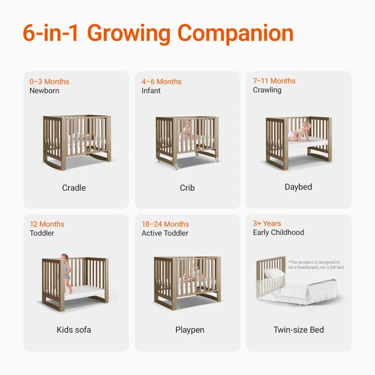 EvoNest 6 in 1 Convertible Baby Crib with Wheels 4 Adjustable Mattress Heights 100 Percent NZ Pinewood Walnut Brown MAMAZING