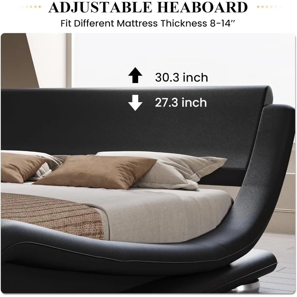 Folded Faux Leather Bed Frame With Ergonomic Headboard