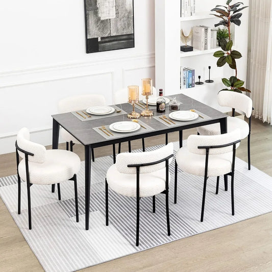 Dining Chairs Set of 6 White Boucle Upholstered Chairs with Curved Backrest and Black Metal Legs