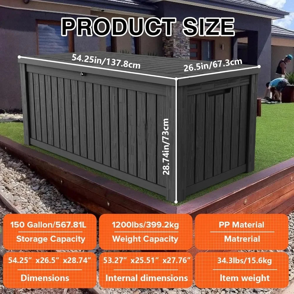 150 Gallon Lockable Resin Deck Box Waterproof and UV Resistant Outdoor Storage Box for Cushion Storage Black