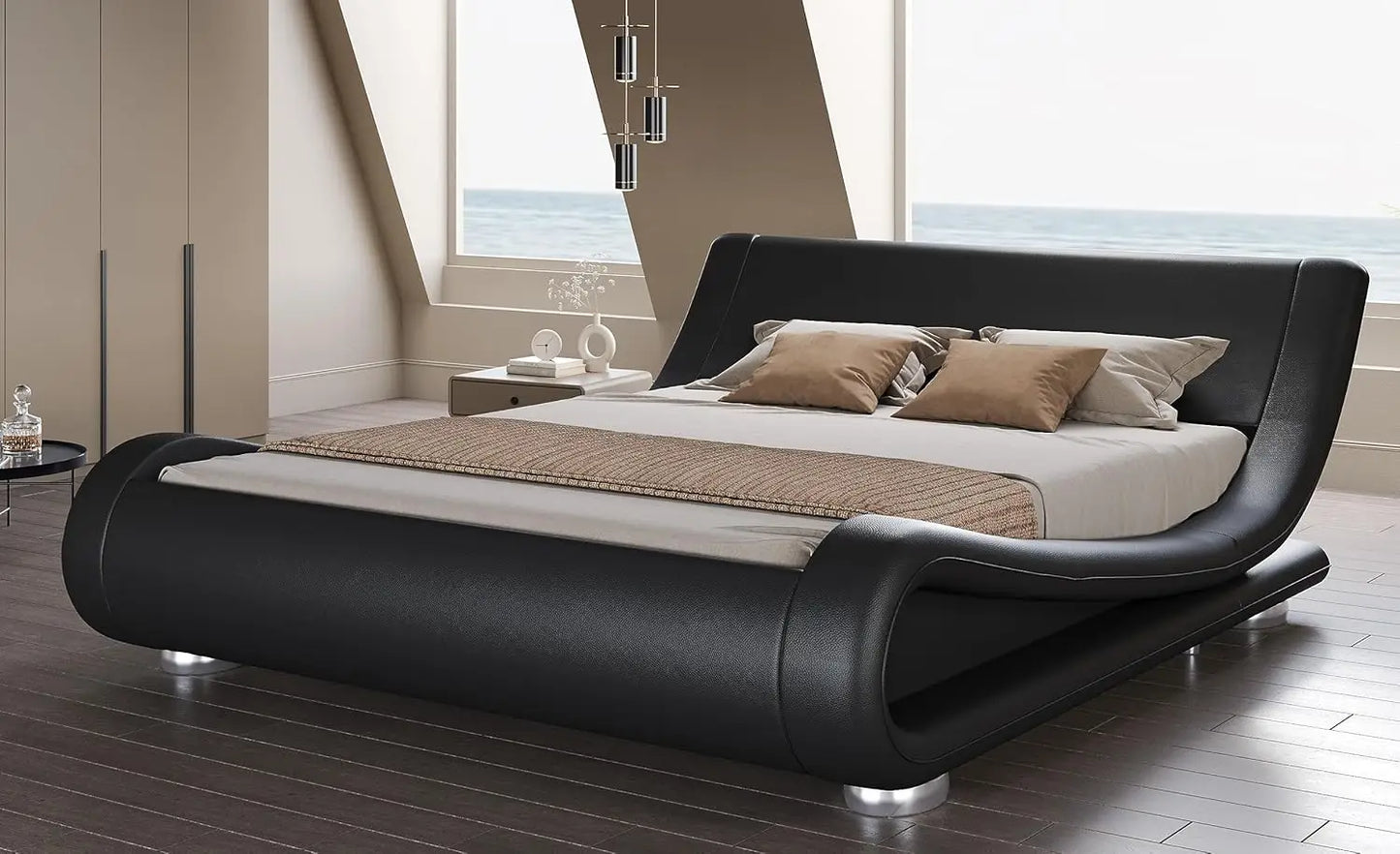 Folded Faux Leather Bed Frame With Ergonomic Headboard