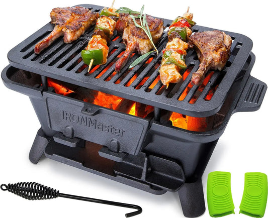 Hibachi Grill Outdoor Small Portable Charcoal Grill 100 Percent Pre-Seasoned Cast Iron Japanese Yakitori Camping Grill Adjustable Height Black