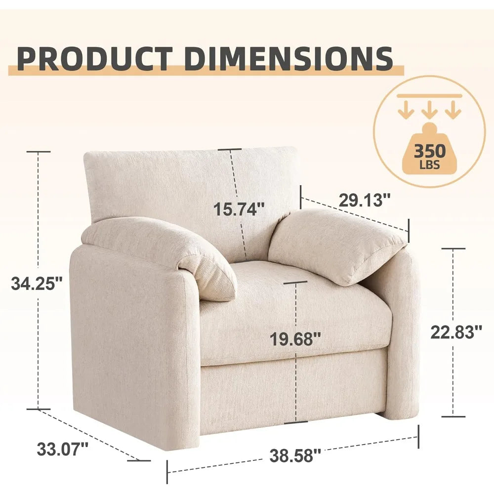 Chenille Oversized Armchair 38.6 Inch Wide Accent Chairs for Living Room and Bedroom Modern Lounge Chair Upholstered Mid Century