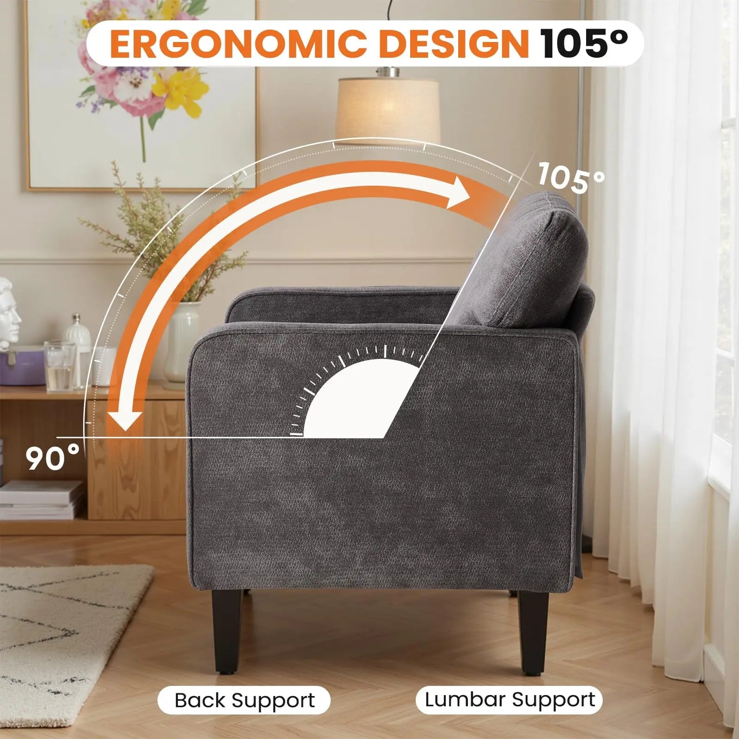 JHK Modern Accent Chair Living Room Armrest Ergonomic Lumbar Support