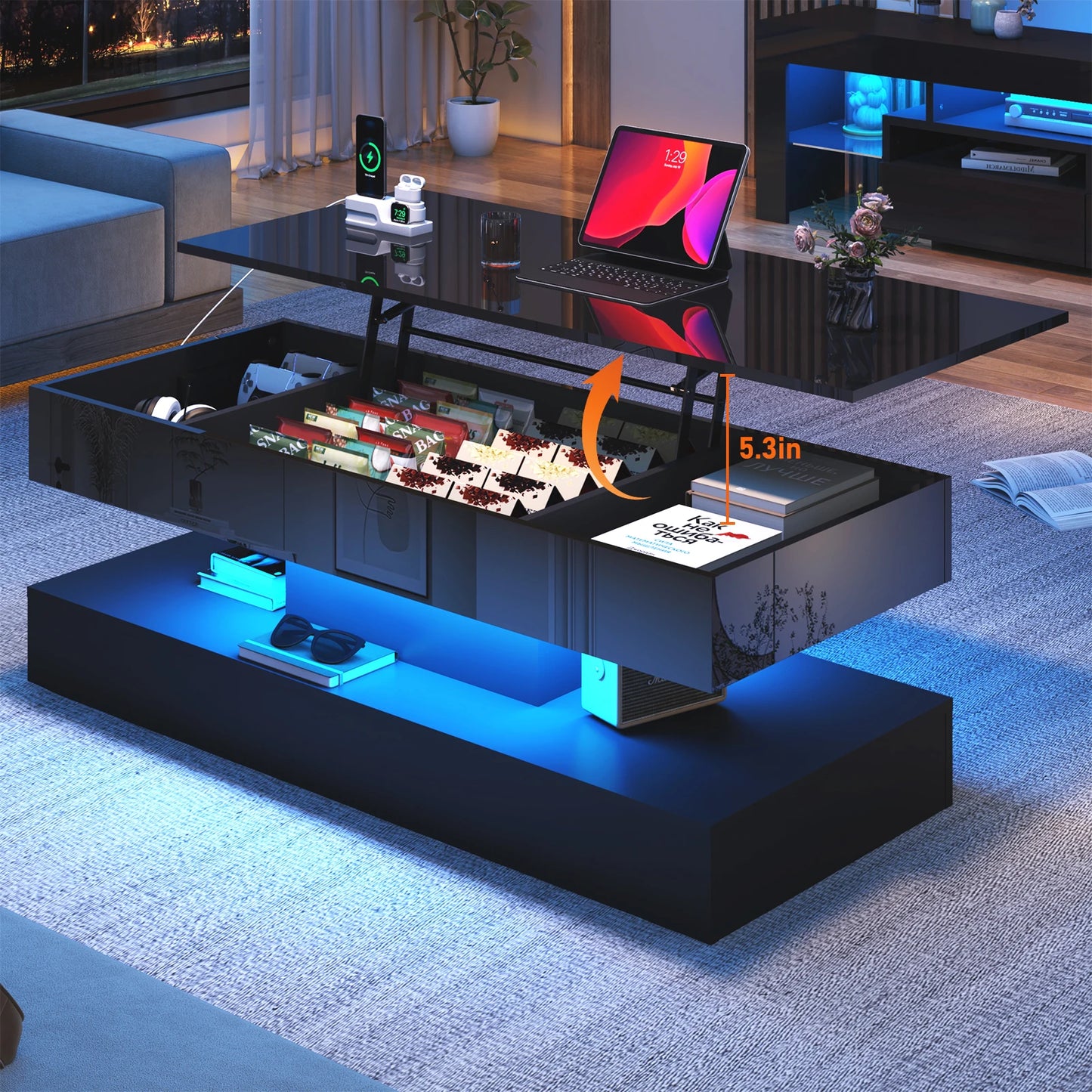 QiaoShiRen LED Coffee Table For Living Room With Storage