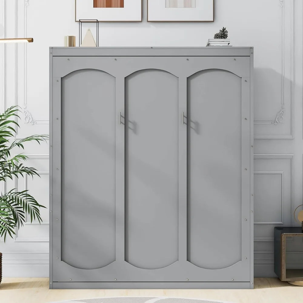 Merax Queen Size Murphy Bed Wood Queen Murphy Cabinet Bed with Shelves Wall Bed for Home Office or Small Room Gray