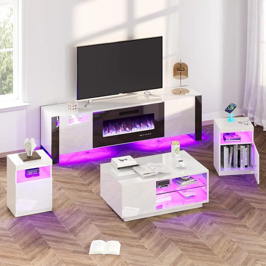 4 Piece Living Room Table Set Includes 70 Inch Fireplace TV Stand Modern Coffee Table LED Light Nightstands Set of 2 High Glossy Table Sets for Living Room Bedroom Office White and Black