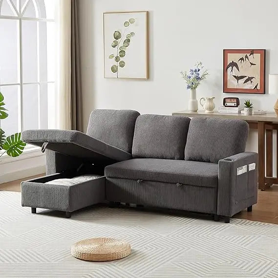 78.5 Inch Linen L Shaped Convertible Sofa Bed with Reversible Storage Chaise and Pull Out Sleeper Sofabed