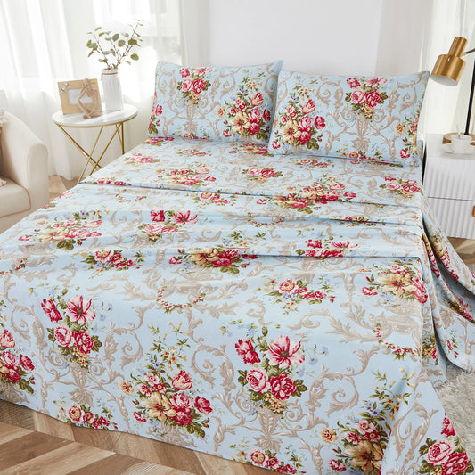 4 Piece 600 TC 100 Percent Cotton Fitted Sheet Set Vintage Red Rose on Light Blue Soft Breathable Skin Friendly