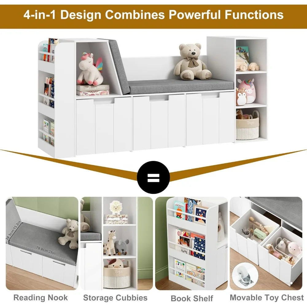 61.5" Kids Reading Nook with 3-Layer Bookshelf, Reading Nook for Kids with Double Bench and Rolling Drawers, Bookshelf and Toy S