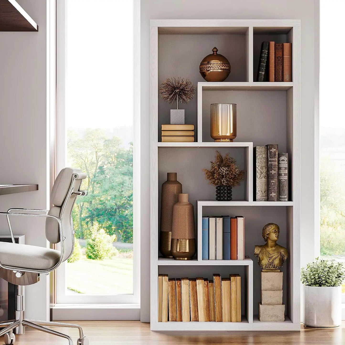 IRONCK Geometric Six Shelf Industrial Bookcase Etagere Display