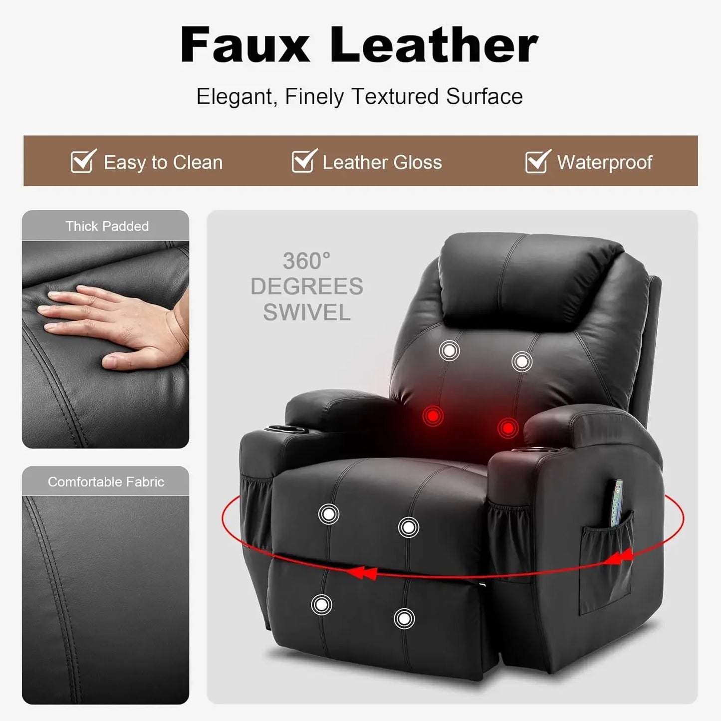 Rocking Chair with Massage and Heat 360 Degree Swivel Recliner for Adults Manual Recliner with Remote Control and Cup Holder for Living Room Bedroom Nursery