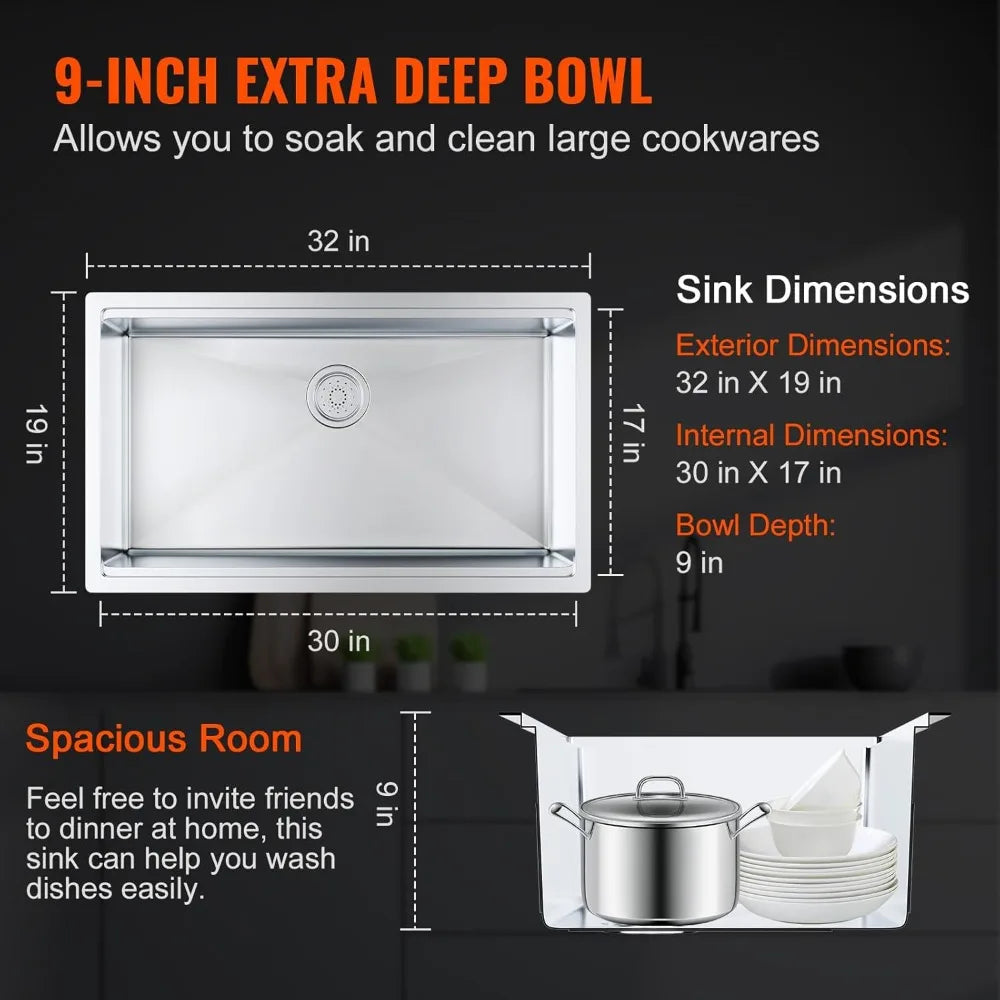 304 Stainless Steel Drop In Kitchen Sink Undermount Single Bowl Basin with Ledge Prep Kitchen and Bar Sink