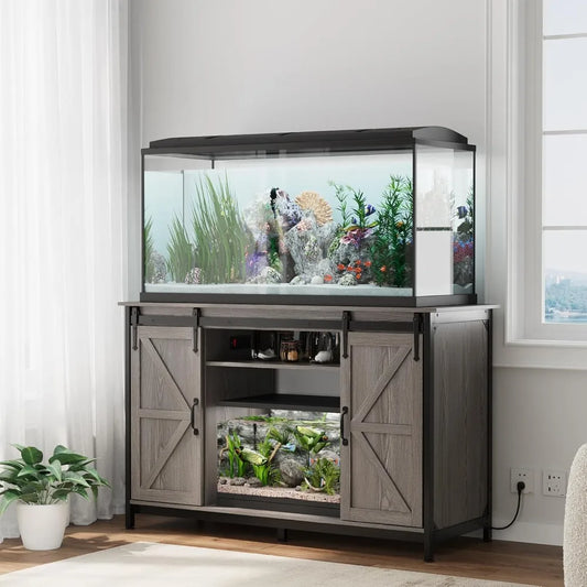Farmhouse 55 to 75 Gallon Fish Tank Stand with Power Outlet Storage Cabinet and Sliding Barn Door Heavy Duty