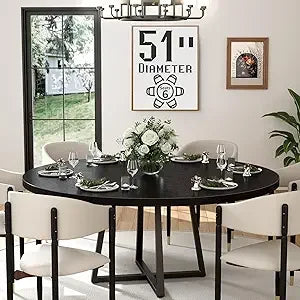 Black Round Dining Table for 6 - Modern Circle 51 Inch Large Room Kitchen Dinning Tables for 4 to 6 Person Seats Small Spaces Wo